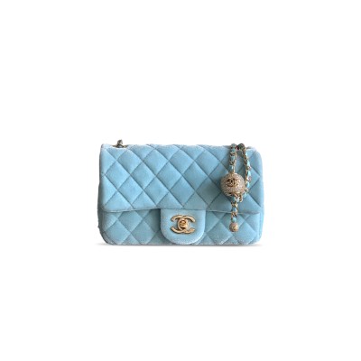 CHANEL MINI FLAP BAG VELVET, DIAMANT  & GOLD-TONE METAL BLUE AS1787 (20*13*7cm)